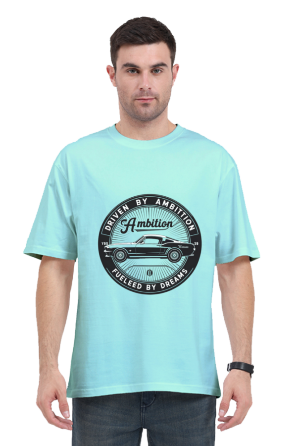 Men's & Women's Oversized 'Driven by Ambition' Classic Car Graphic T-Shirt | Available in Grey Melange, Golden Yellow, Coral, Mint, Light Baby Pink, White.